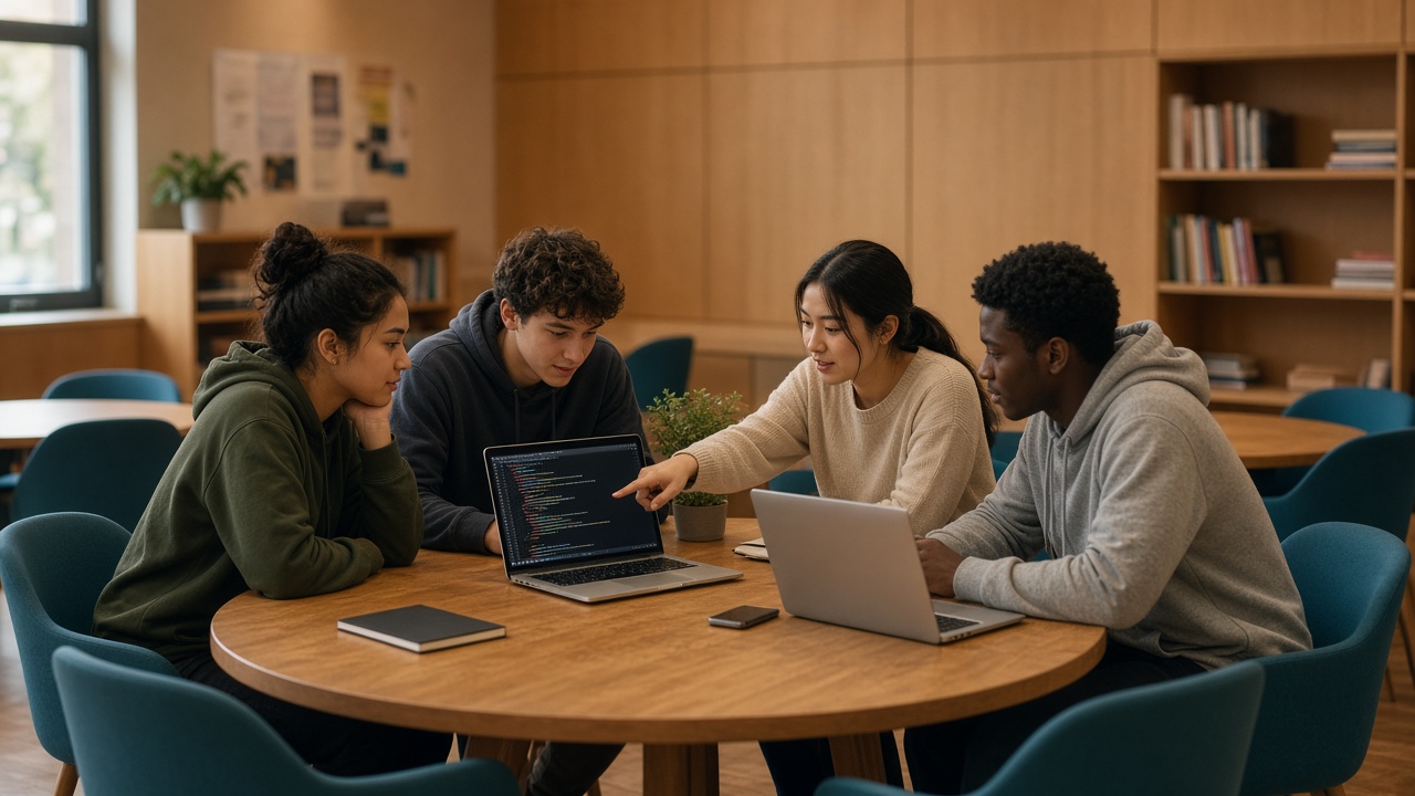 Students collaborating around a laptop in a coaching session
