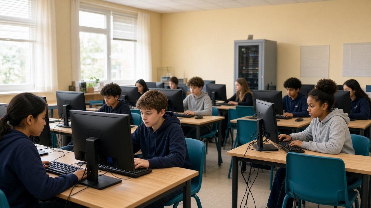 School students working in a computer laboratory