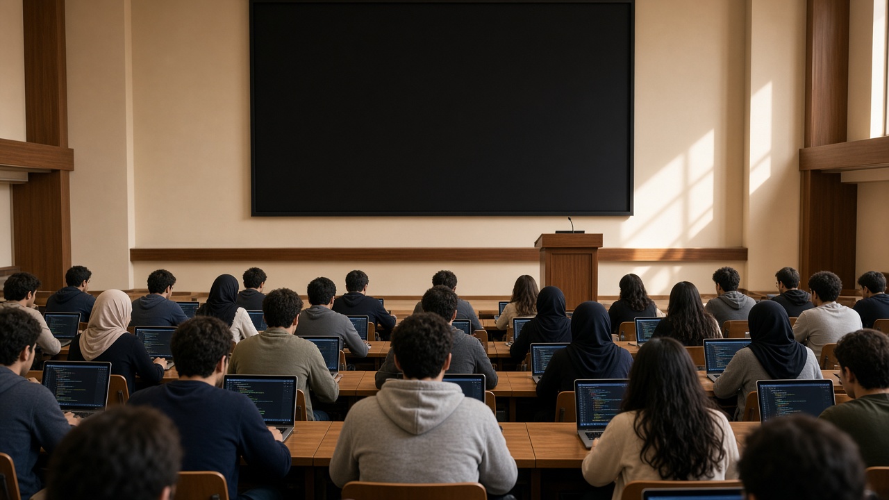 University students in a lecture hall with laptops