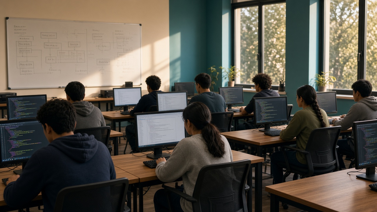 Students coding at workstations in a technical computer classroom