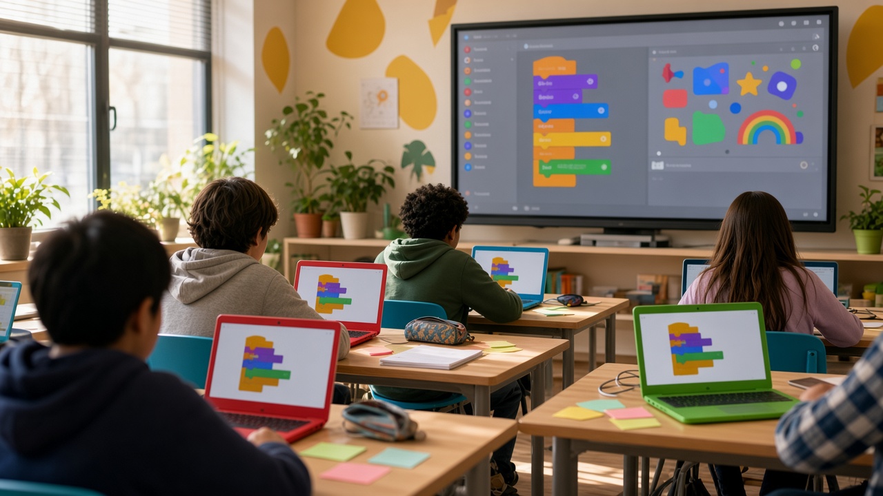 Children learning programming on colorful laptops