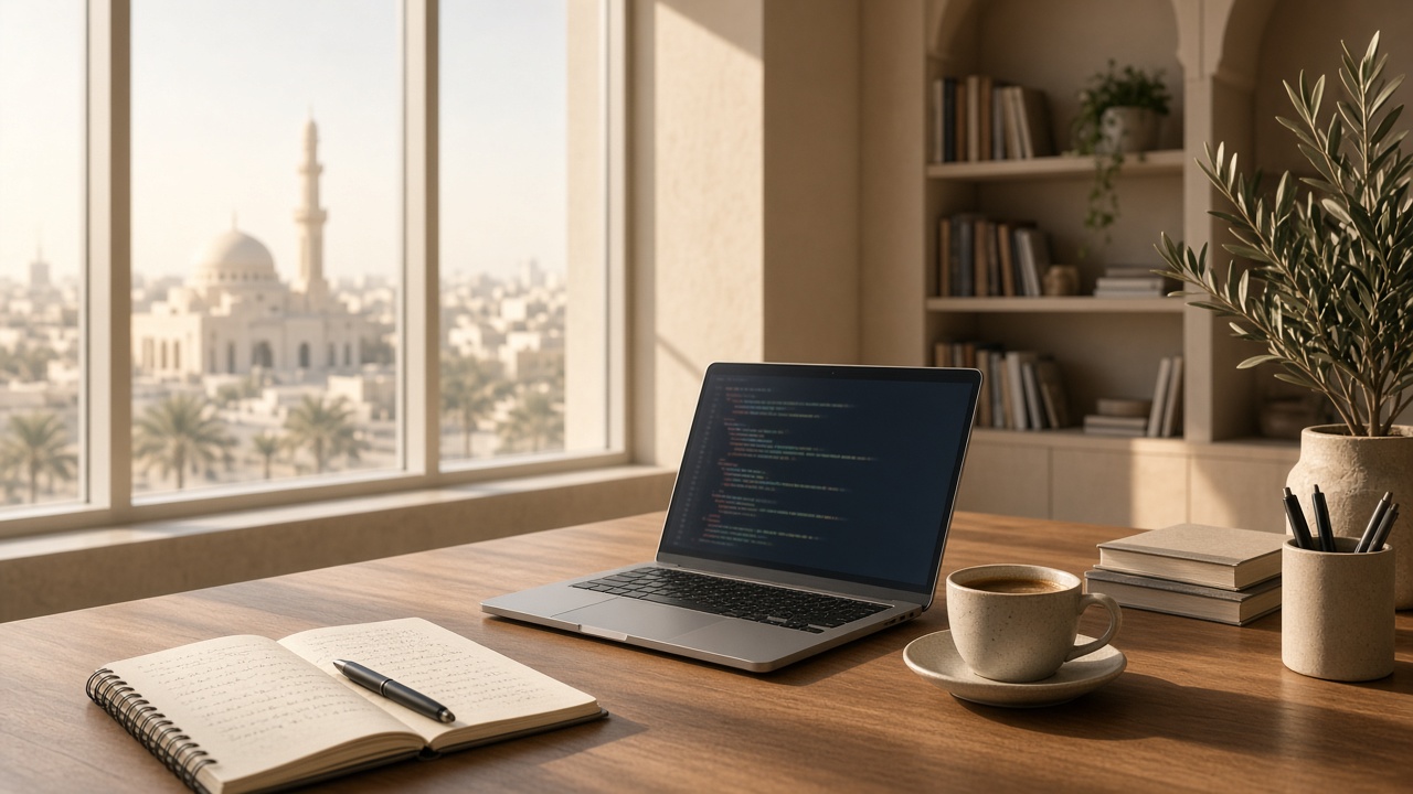 A calm, sunlit workspace with a laptop